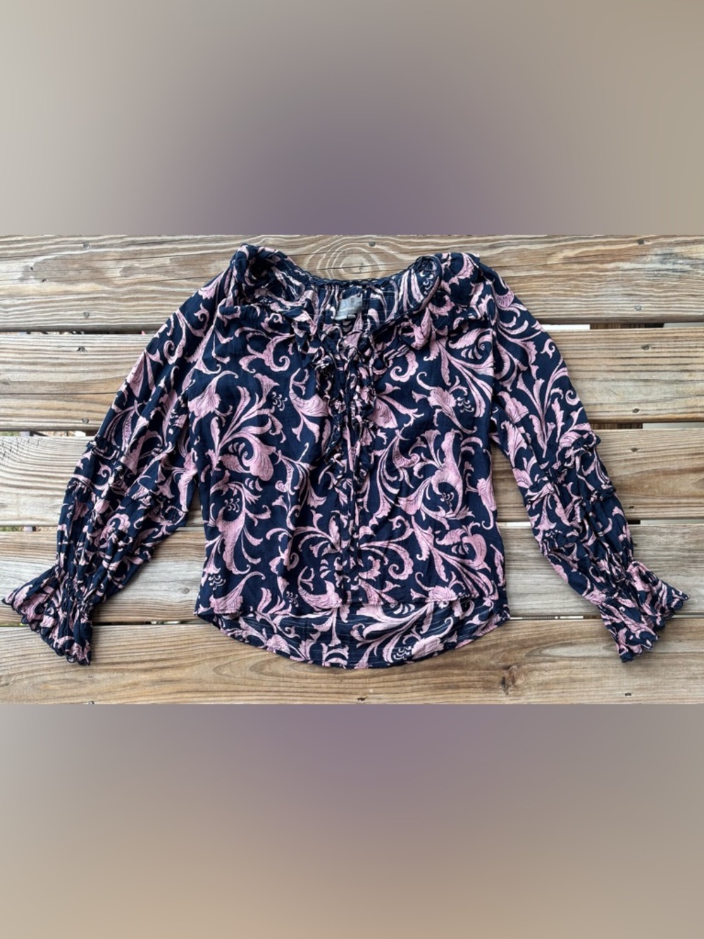 Anthropologie Boho Ruffle Tie Front Blouse XS Navy Pink Floral Cottagecore Top